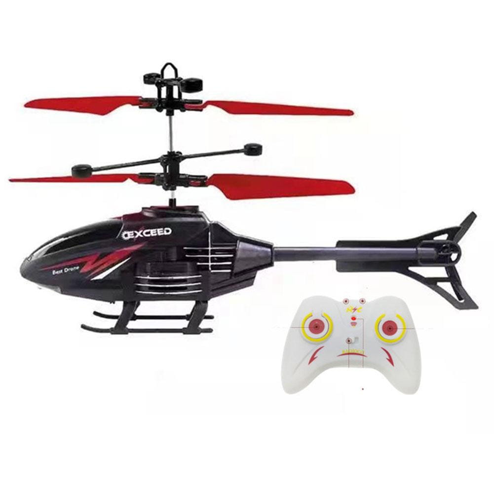 Black and red exceed brand remote control induction suspension helicopter toy with a white controller featuring yellow and pink accents.