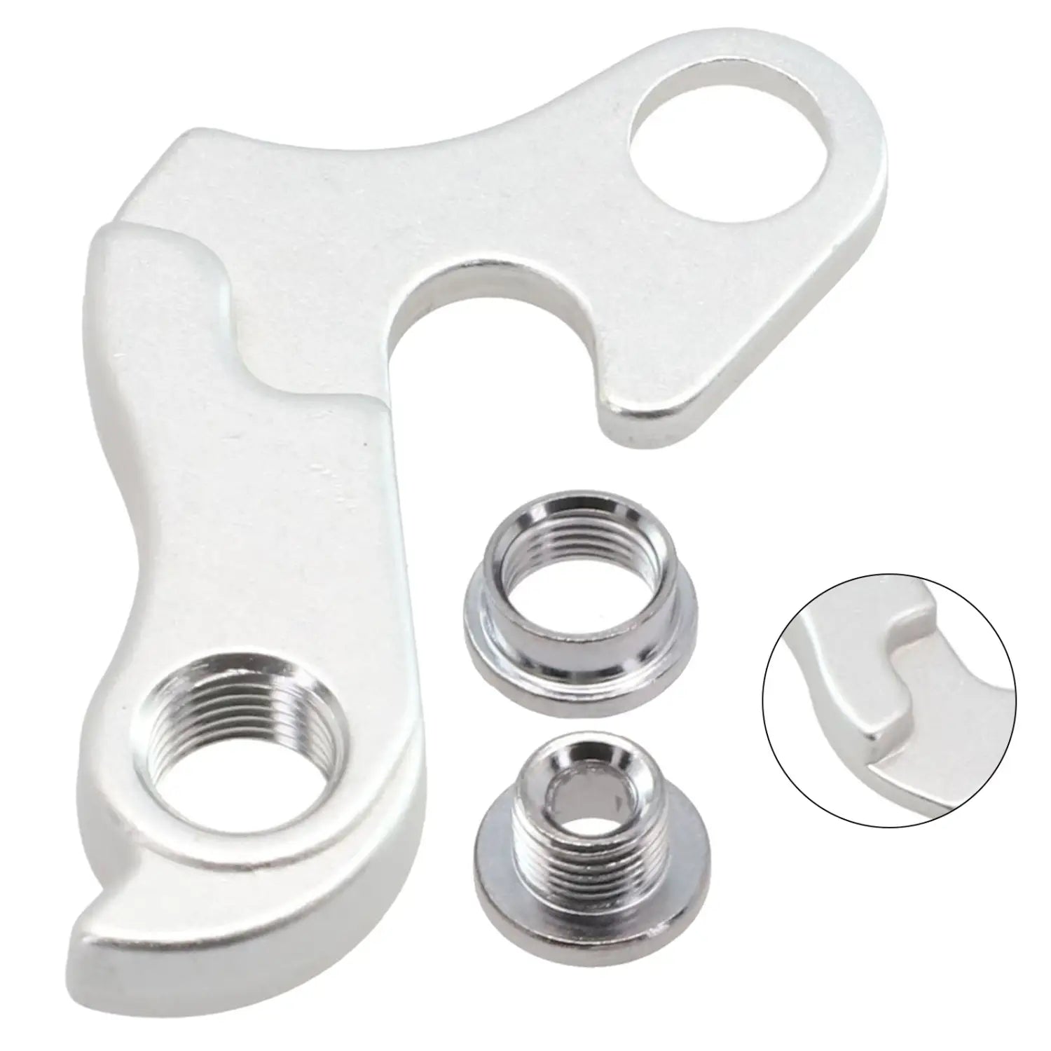 Placa/soporte de cambio trasero de aleación de aluminio plateada metalizada con dos tuercas de fijación roscadas a juego para bicicletas de Merida y Carrera, que muestra la parte posterior del producto