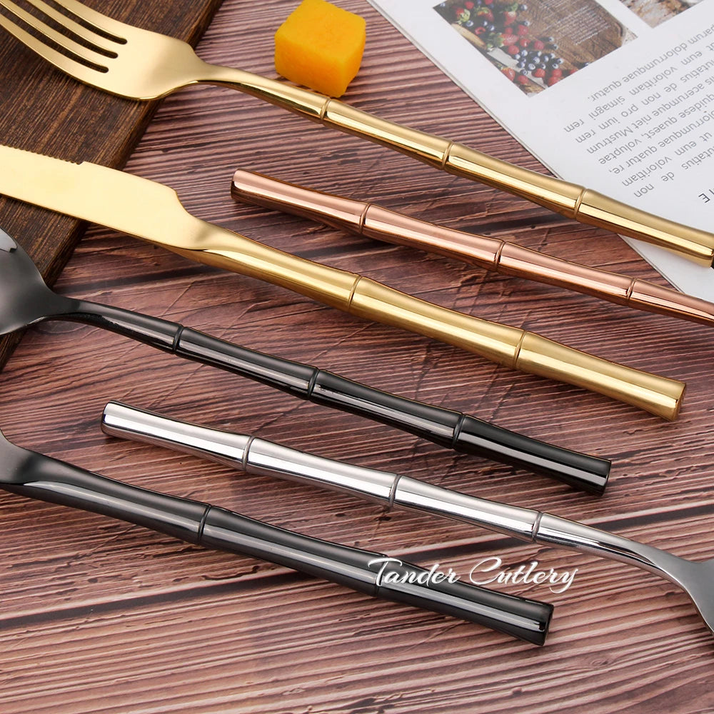 6/24/30Pcs Stainless Steel 304 Cutlery Set Sliver Tableware Western Bamboo Shaped Handle Dinner Set Knife Fork Spoon Sliverware