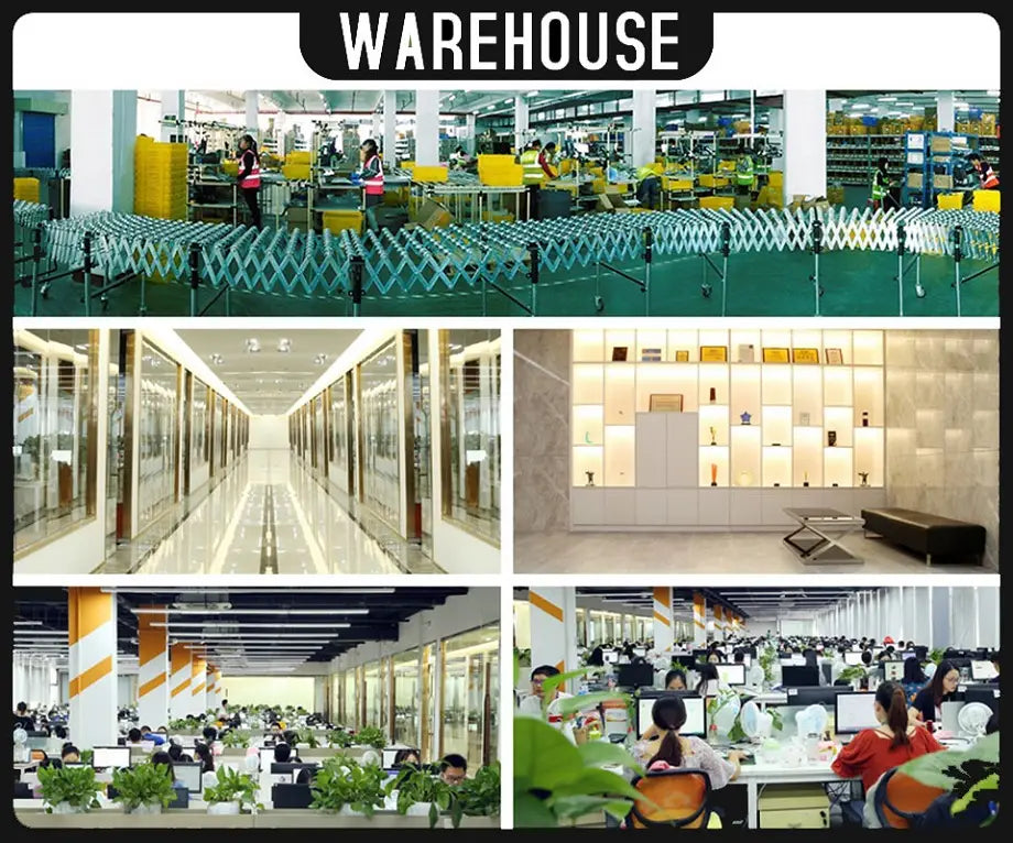 The image shows a collage of warehouse and office interiors featuring workers in safety vests, glass-walled corridors, illuminated shelves, open-plan offices with employees, and greenery for the swim training floating belt for beginners product.