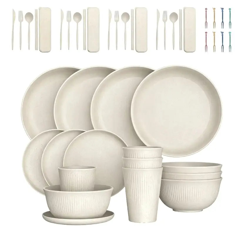 Cream-colored ribbed plastic dinnerware set featuring matching plates bowls cups and utensils designed for camping and home use.