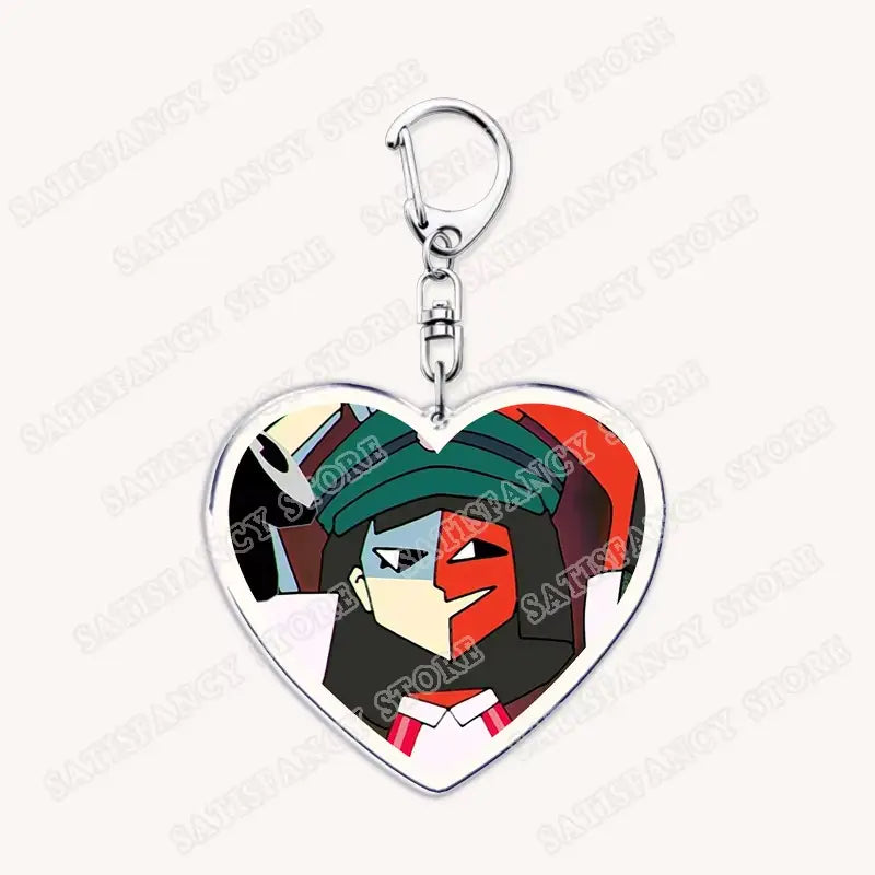 Herzförmiger Anime-Herz-Acryl-Schlüsselanhänger mit einem stilisierten farbenfrohen Cartoon-Charakter mit grünem und rotem Haar auf weißem Hintergrund, ideal als Geschenk für Gamer.