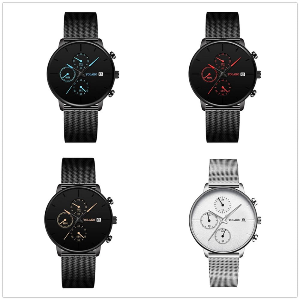 Montre à quartz à maille noire ultrafine pour hommes, avec des designs chronographe Yolaro noir et argent, des bracelets en maille et plusieurs sous-cadrans avec des accents colorés variés.