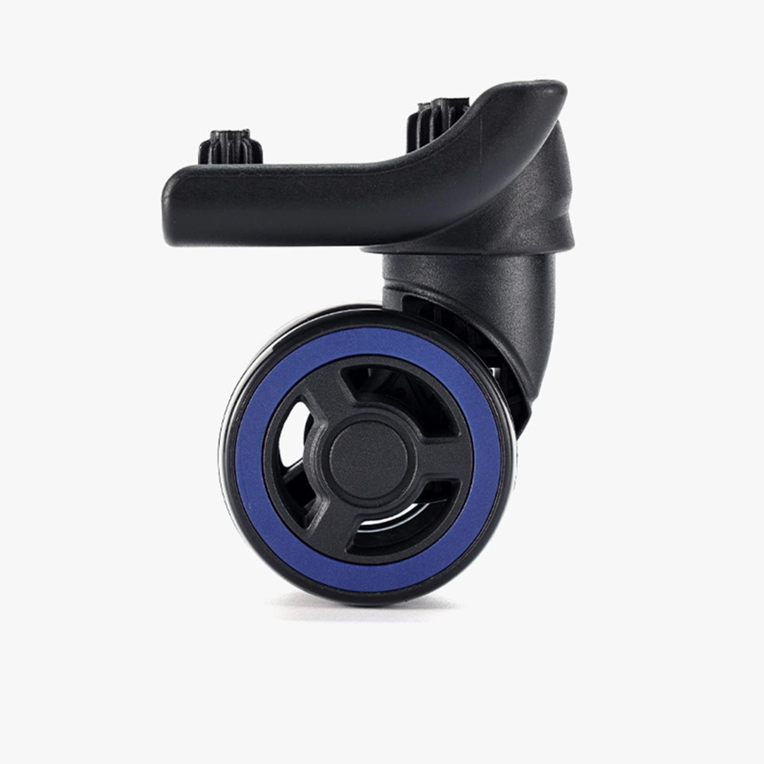 Reemplazo de rueda de equipaje de plástico negro con vibrante rin interior azul y diseño de tres radios, con ruedas giratorias de giro de 360 grados.