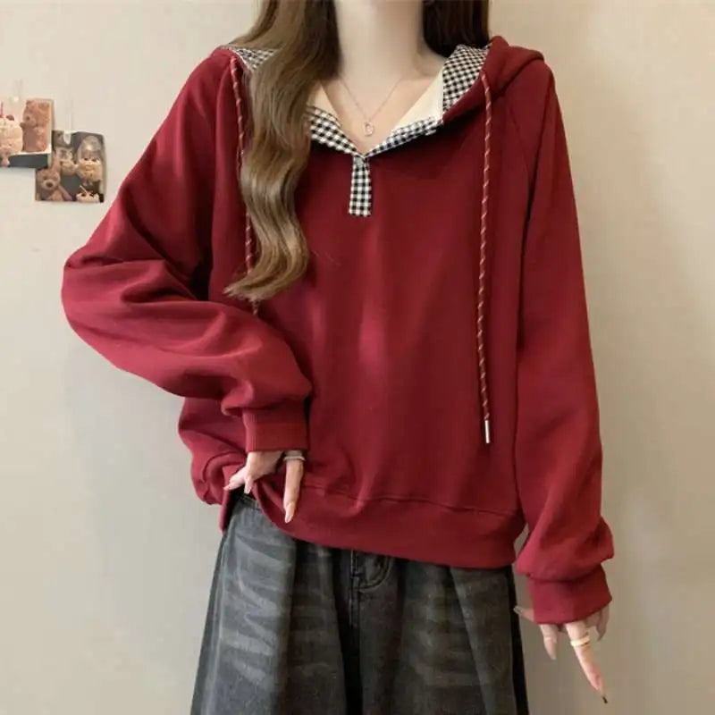 Hoodies Sweatshirt For Women Plaid 90s Vintage Korean Popular Clothes Coat Cotton Kpop Basic Spring And Autumn Woman Hooded Tops