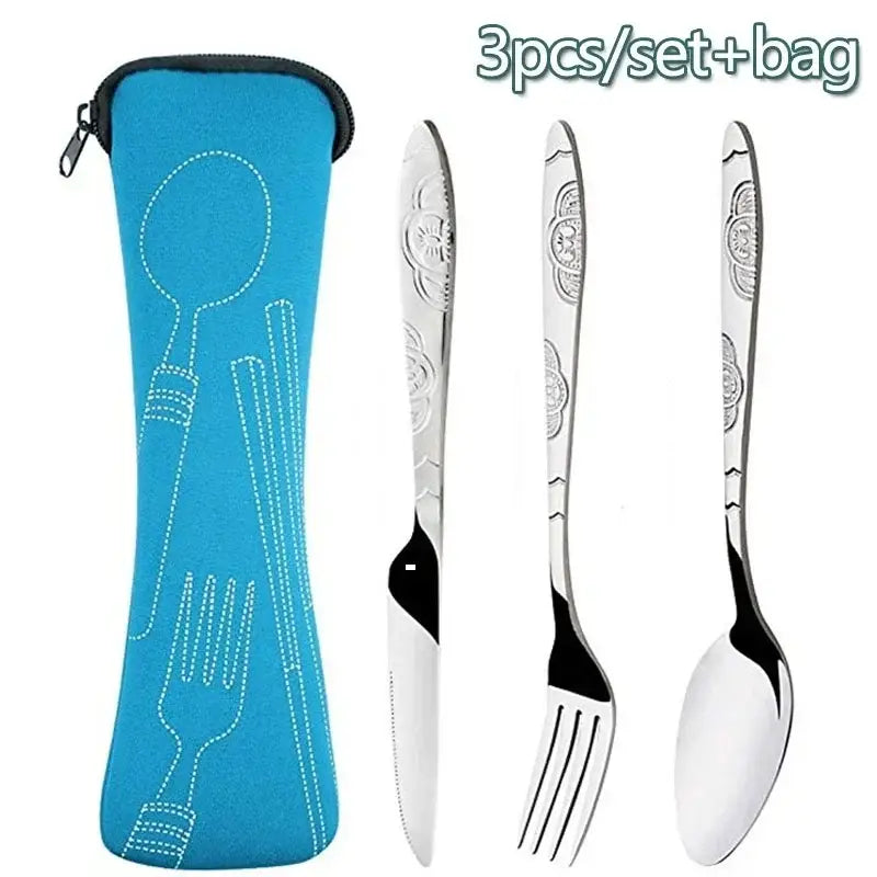 Blue neoprene portable travel cutlery set carrying case with white stitched utensil outline design.