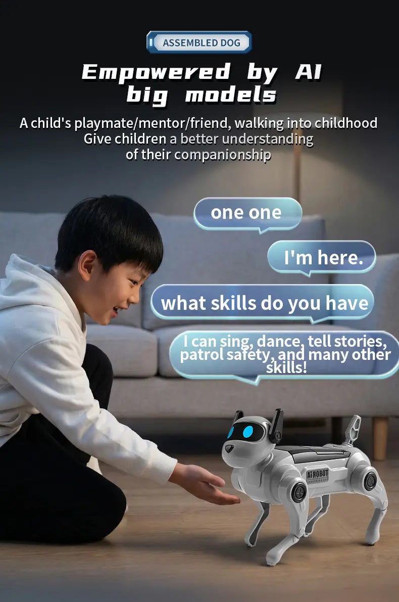 Silver diy assembled dog robot toy with abs plastic construction, blue glowing eyes, black accents, and a sleek metallic finish made in mainland China.