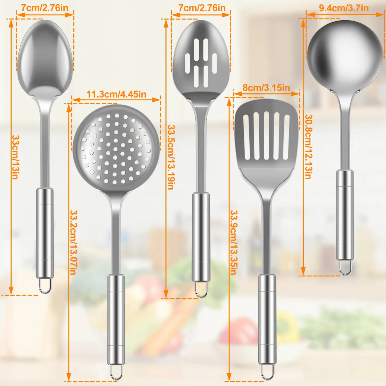 Stainless steel cooking utensils set featuring five silver kitchen tools including a spoon, slotted spoon, strainer, spatula, and ladle for versatile cooking use.