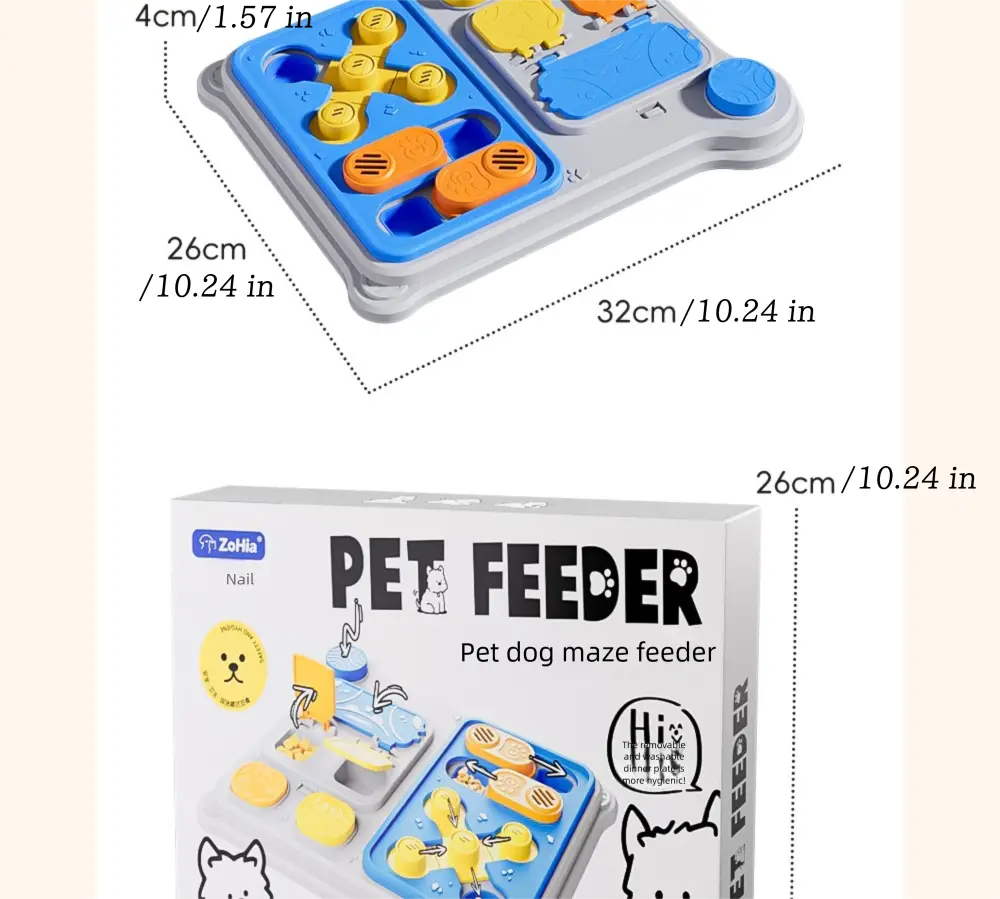 青とグレーのプラスチックで作られたインタラクティブな犬用パズルフィーダーおやつディスペンサー玩具。黄色、オレンジ、青のインタラクティブなパズルピースを備え、犬向けの玩具タイプとして設計されています。