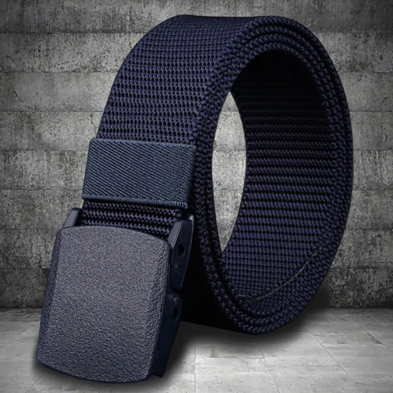 Dark navy mens tactical canvas belt featuring a lightweight automatic buckle with a textured matte-finish plastic design.