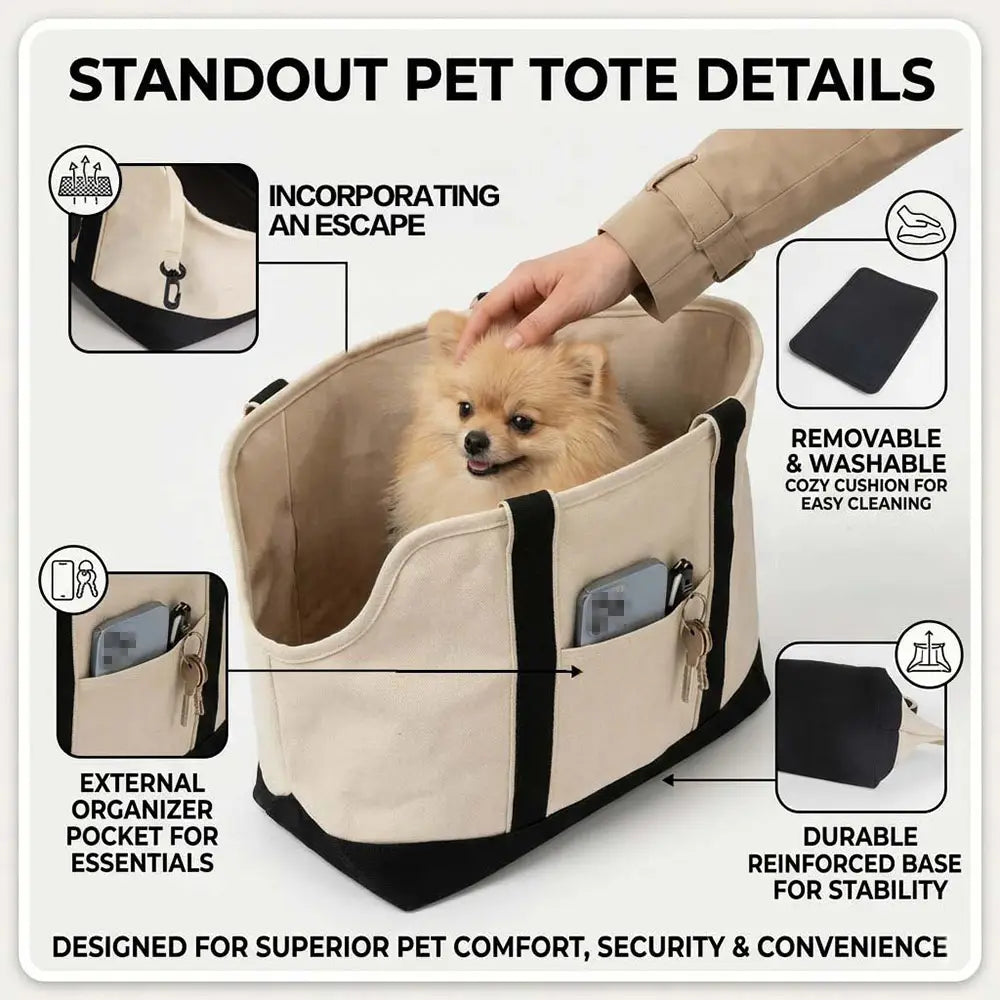 Sac de transport pour animaux de compagnie portable en toile beige avec bordure et base renforcées noires, doté d’un intérieur rembourré amovible pour le confort, adapté à un usage à domicile, en magasin professionnel et en extérieur.