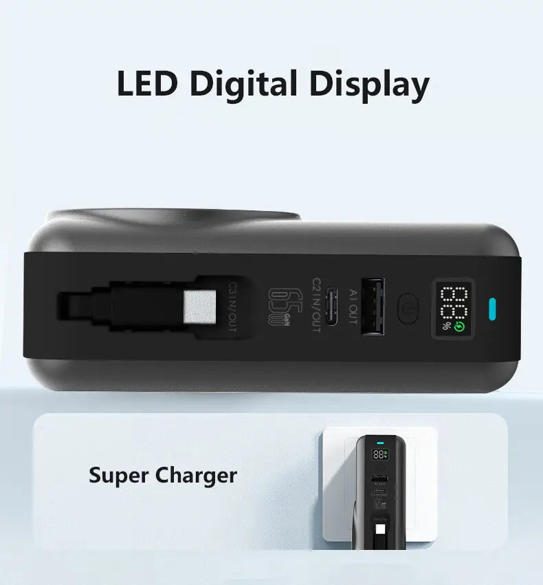 Black rectangular solid-state battery power bank with led digital display showing battery level and usb ports for charging featuring magnetic wireless technology.