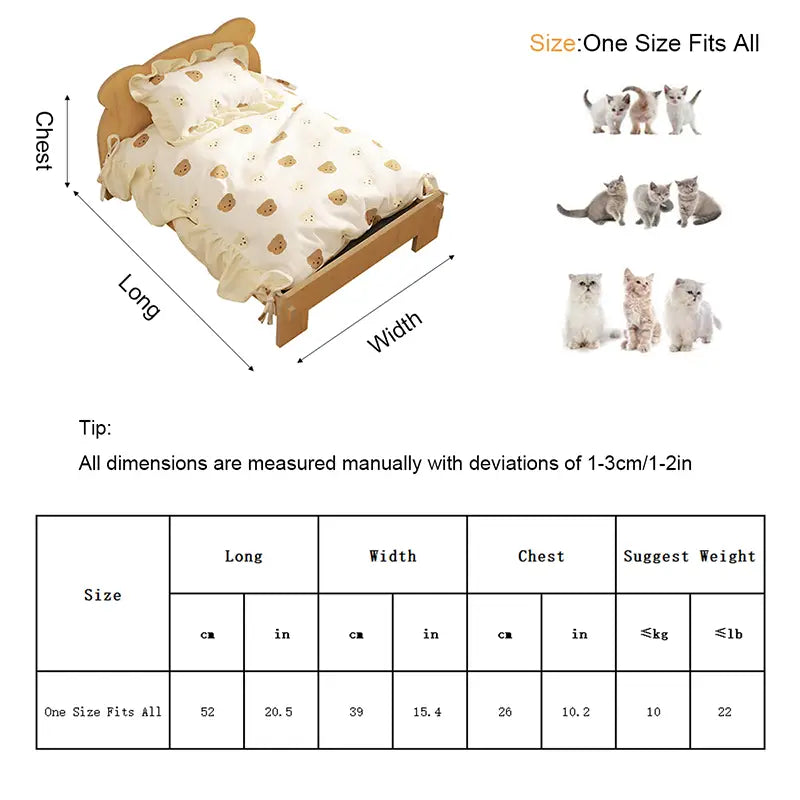 A cream-colored bear-patterned miniature bed set with a wooden frame designed as a wooden cat bed.