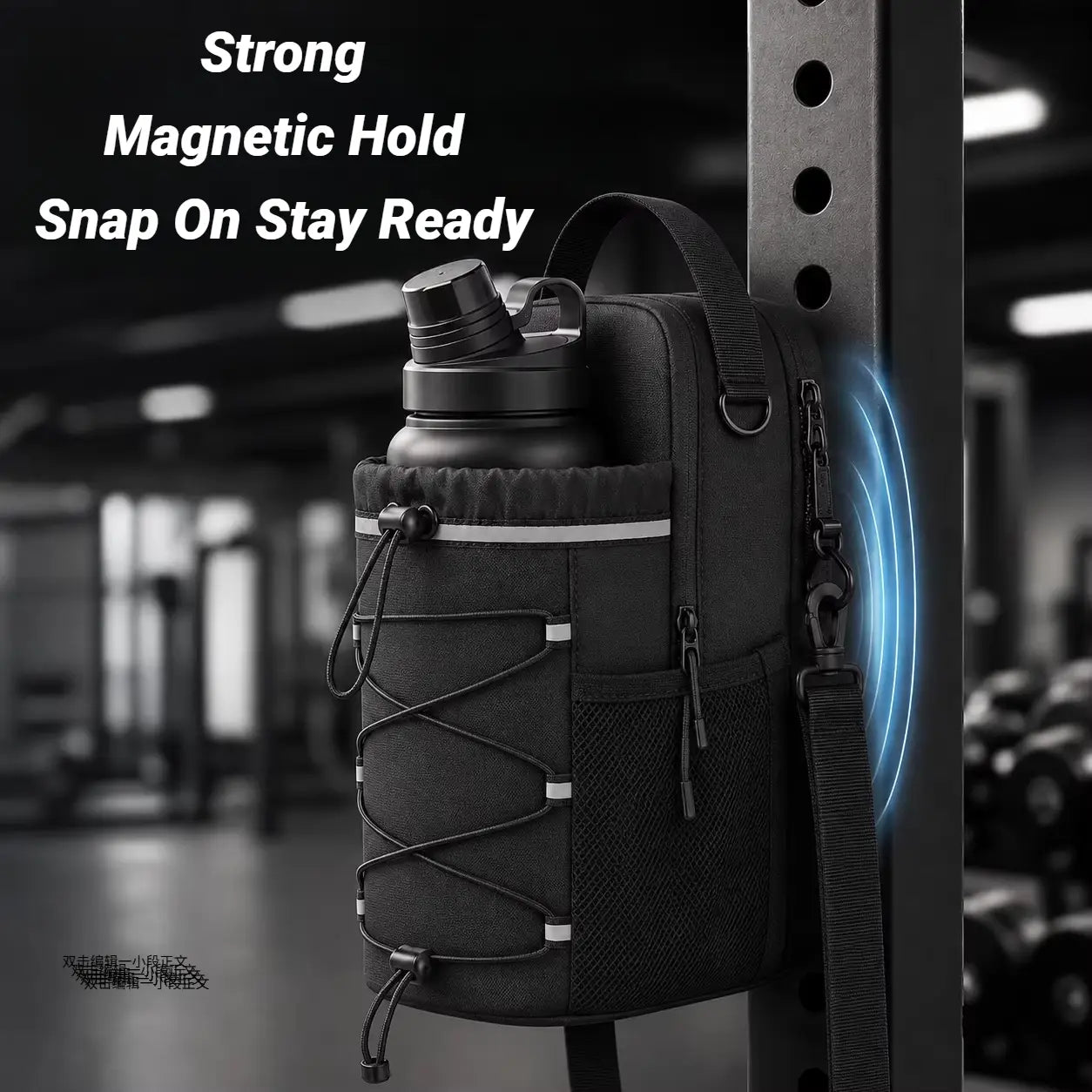 Black magnetic gym bottle bag with strap featuring a snap-on design and reflective stripe accents.