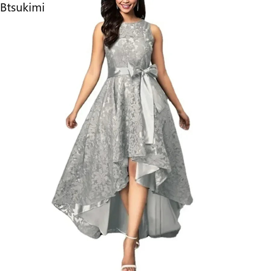 2026 Women's Wedding Bridesmaid Dress Elegant Lace Evening Sweet Party Dress Plus Size Slim High Waist Bow Maxi Dresses Female