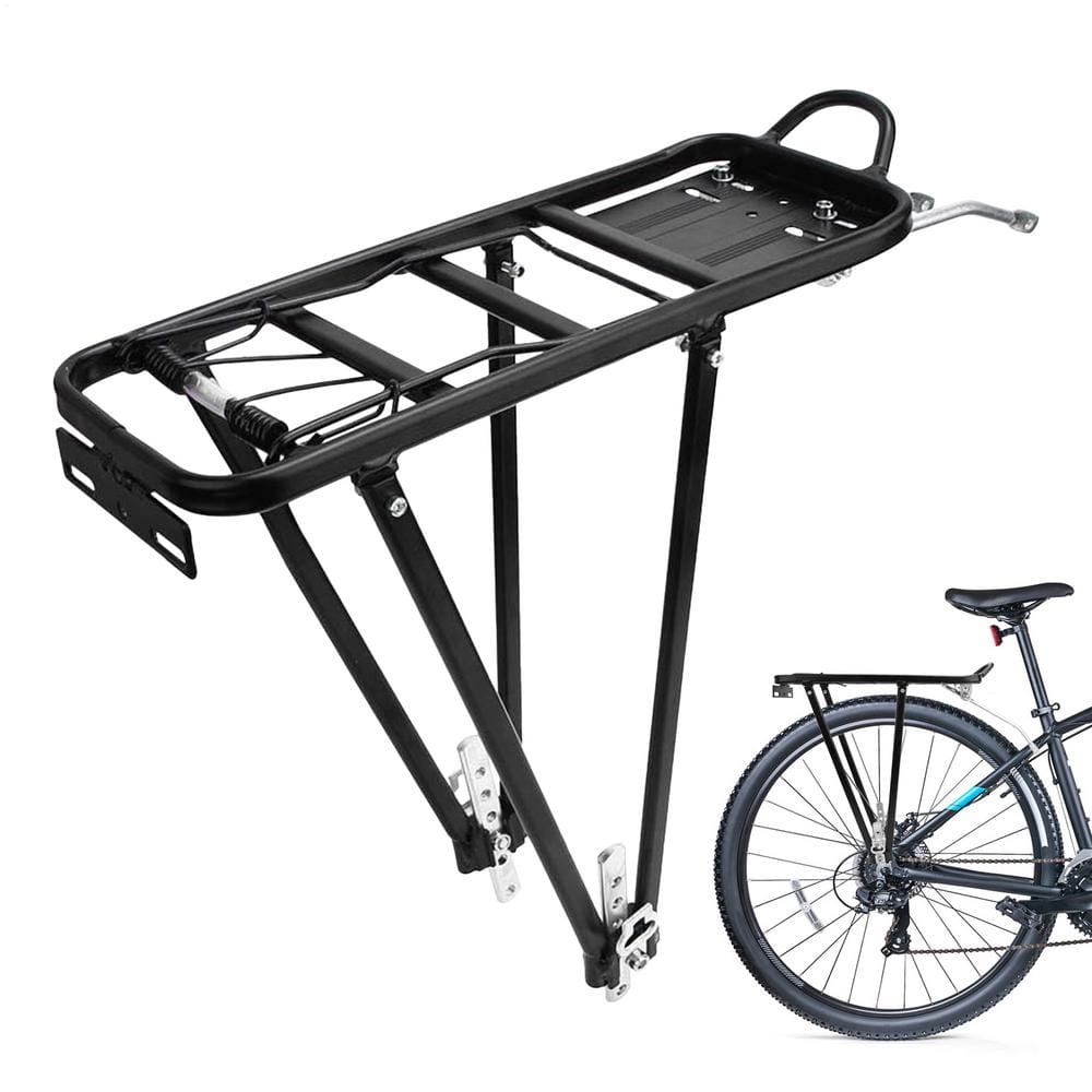 black metal bike cargo rack 35kg aluminum rear bicycle carrier with a sturdy frame, integrated handle for easy carrying, and adjustable mounting brackets shown from the back side.