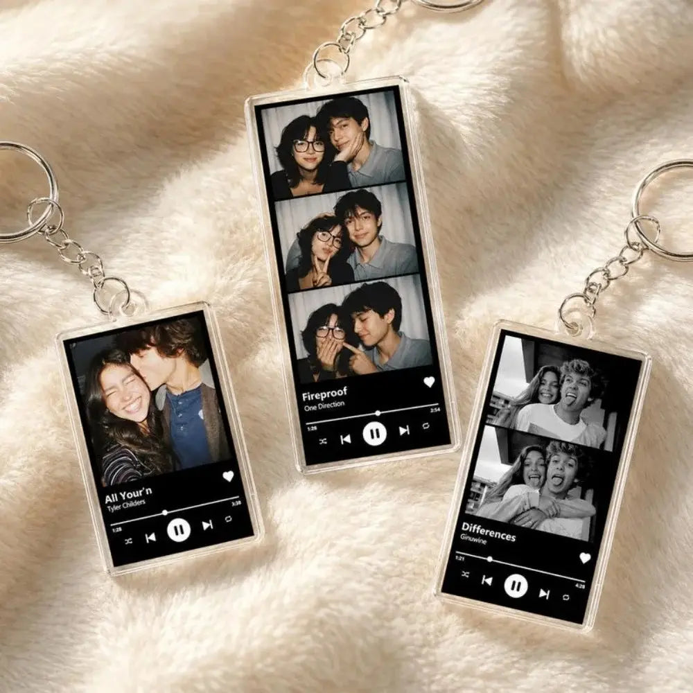 clear rectangular custom spotify music player photo acrylic keychains feature printed music player interfaces with song titles and artist names and different black and white or color photographs of people