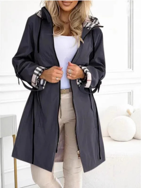 Fashion Trench Coat Woman Autumn Winter Solid Color Versatile Casual Street Style Cardigan Long-sleeved Hooded Plaid Outerwears