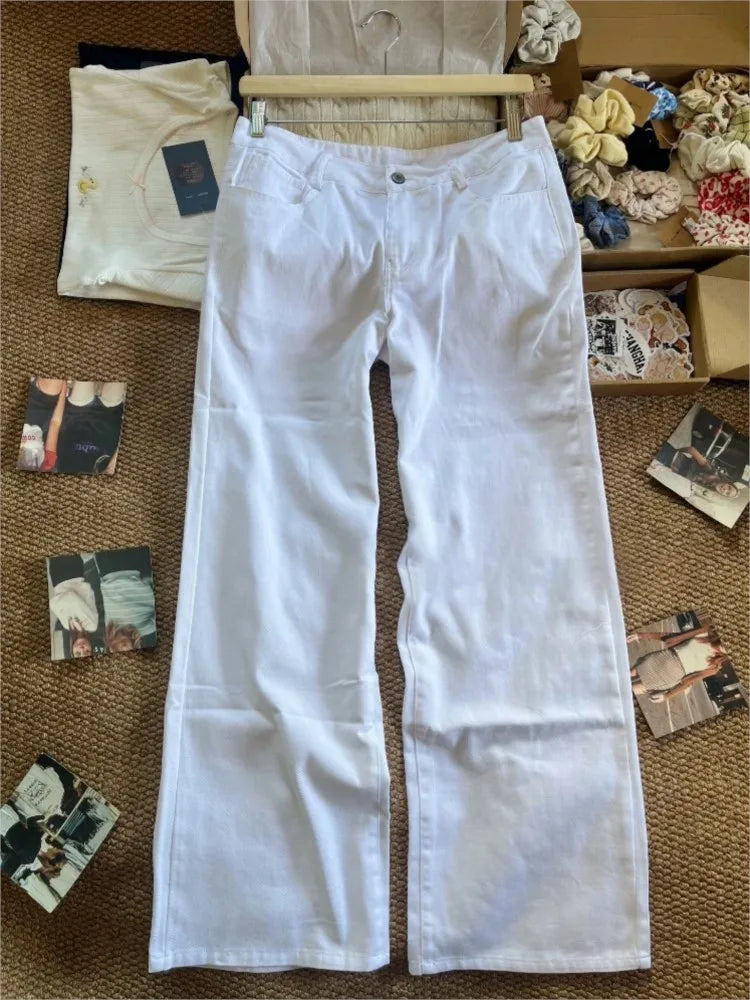 Simple Basic White Jeans Women Summer Back Pockets Cotton Straight Denim Long Pants Female Casual Vintage All-match Trousers Y2K