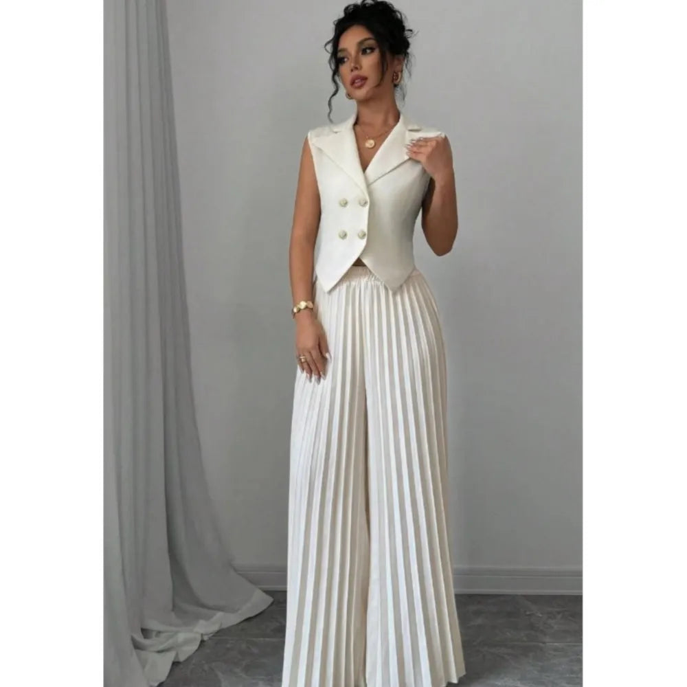 Elegant Formal Women Vest Trousers 2 Pieces Spring New Fashion Retro Wide-leg Pleated Pants Slimming Sleeveless Vest Female Set