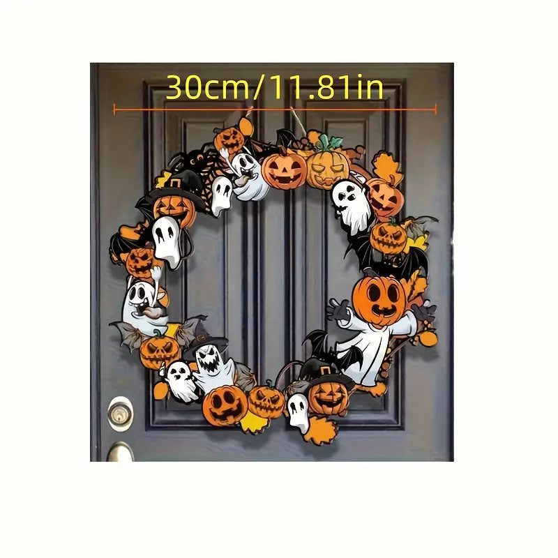 Enseigne en bois pour citrouille d’Halloween et fantôme, suspendue, présentant une couronne thématique d’Halloween orange et blanche, ornée de citrouilles, de fantômes et de sorcières.