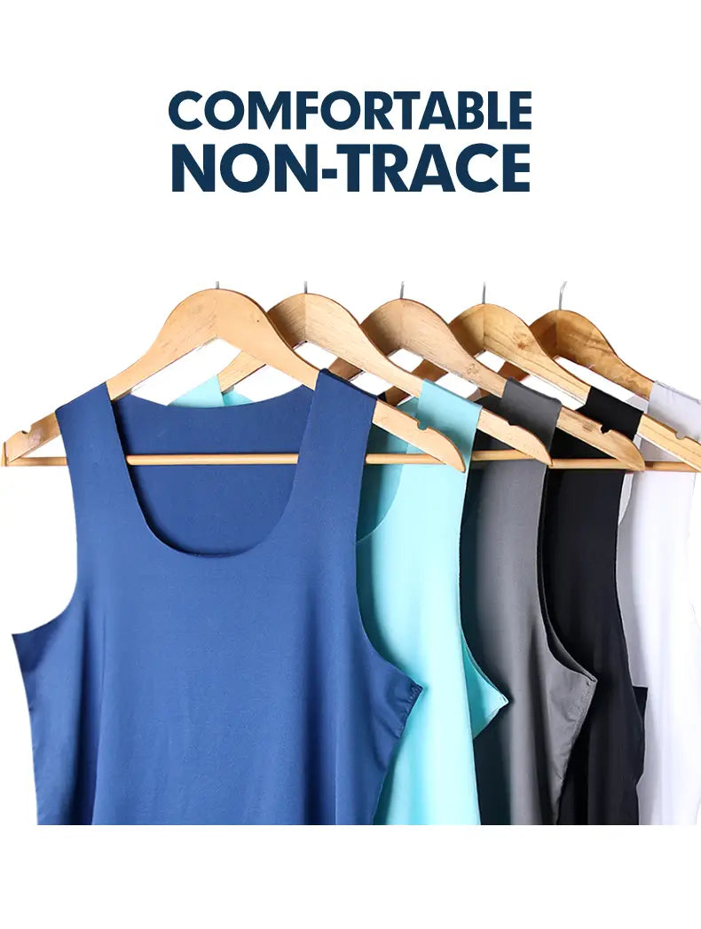 Une rangée de débardeurs de sport pour hommes en soie de glace, sans coutures, avec des designs sans traçage et des couleurs unies, notamment bleu, bleu clair, gris, noir et blanc.