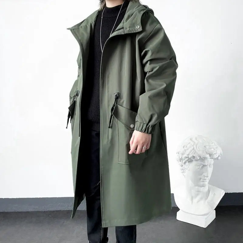 KIDWHXR Men Trench Coat Spring Autumn Mid-length Hooded Casual Male Windbreaker Fashion Simlpe Solid Color Pocket Man Outerwear