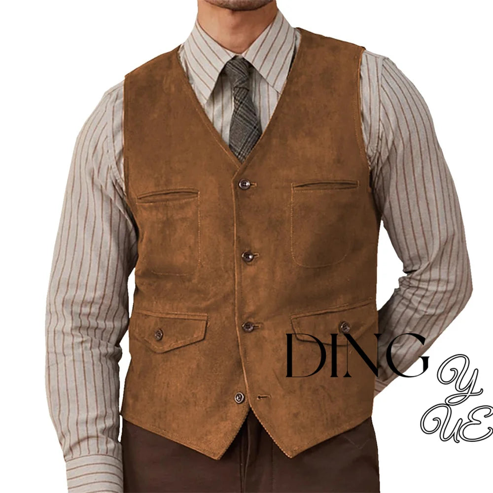 olive green suede western vest featuring a brown suede front with four flap pockets and dark brown buttons.