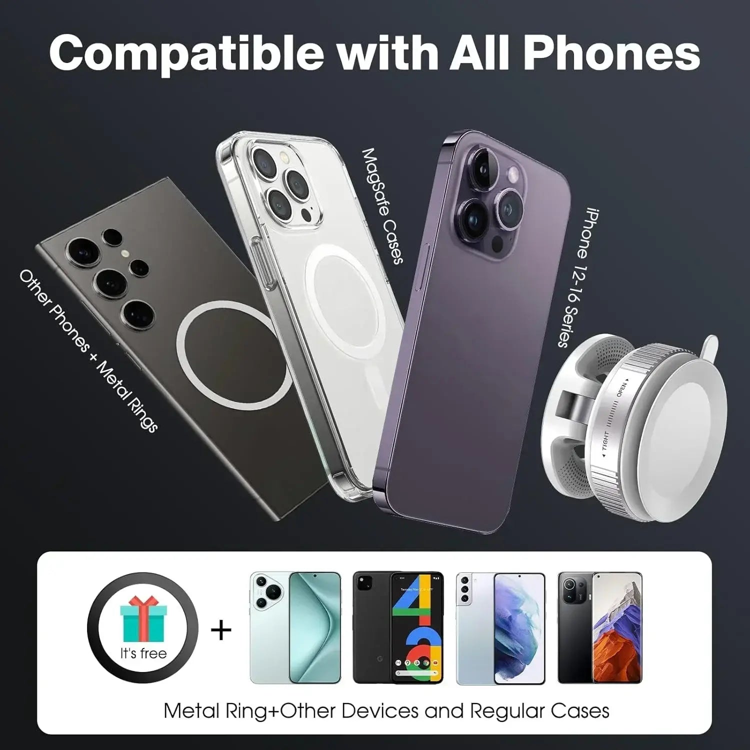 Étui de téléphone magnétique transparent montrant le côté arrière avec un patin magnétique blanc circulaire, conçu pour être utilisé avec un support de téléphone sur des surfaces lisses pour les appareils de téléphonie mobile