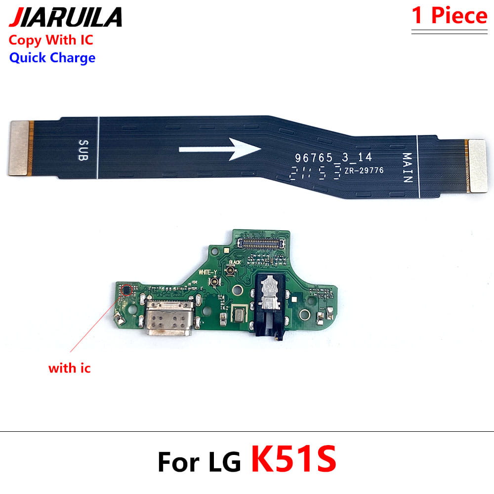 black flexible usb charging port flex cable with silver connectors and green circuit board labeled for lg k51s compatible with k41s k50s and k51s models