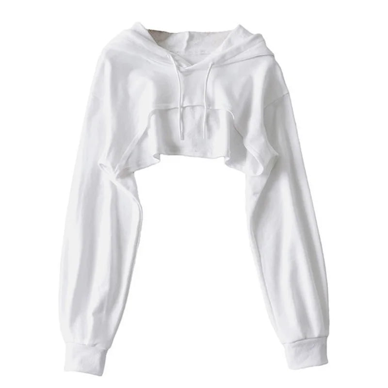 Women's Cropped Hooded Sweatshirt Solid Color Long Sleeve Front Hollow Out Short Hoodies Sweater Spring Autumn Streetwear