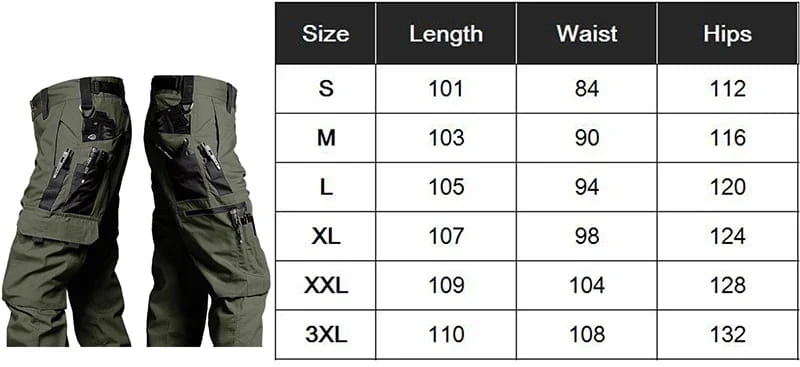 Pantalons cargo tactiques imperméables pour hommes en vert olive, avec plusieurs poches et des coutures renforcées, conçus pour la durabilité et la fonctionnalité.