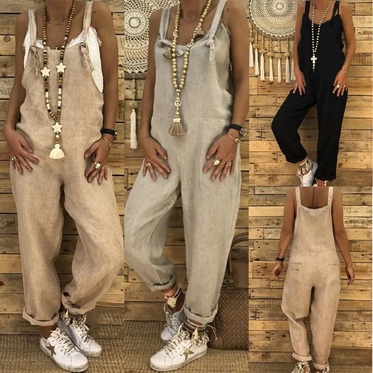 Beige Leinen-Jeans-Latzhosen für Damen mit verstellbaren Trägern und hochgekrempelten Bündchen.