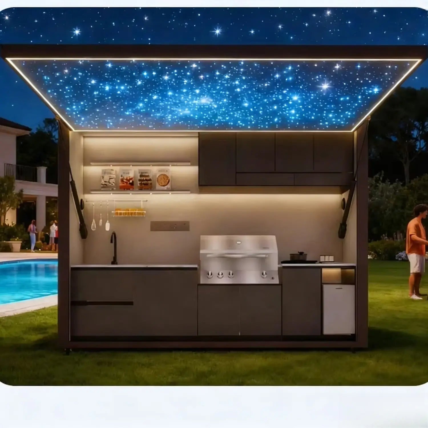 Modern outdoor modular kitchen cabinet set featuring sleek dark gray cabinetry under a starry night sky ceiling designed for outdoor use with excellent customer service support.