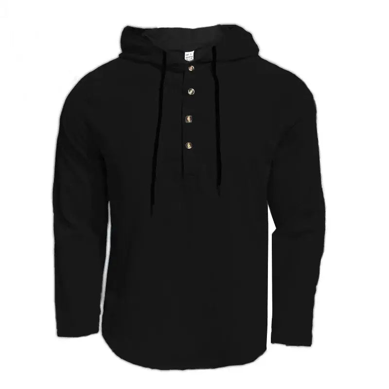 Black men cotton linen hooded henley shirt with long sleeves, front button placket, and matching drawstrings.