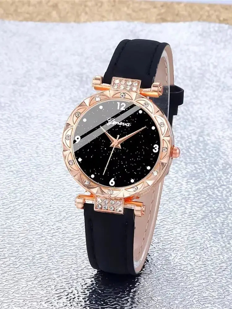 Rose gold-tone black leather women quartz watch set featuring a starry black dial with crystal embellishments and a sleek black strap.