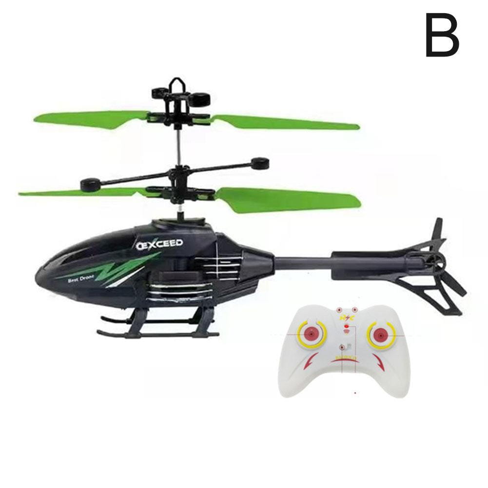 El juguete de helicóptero de inducción en suspensión teledirigido con mando a distancia de marca negra y verde superada, con un controlador blanco que presenta acentos rojos y amarillos.