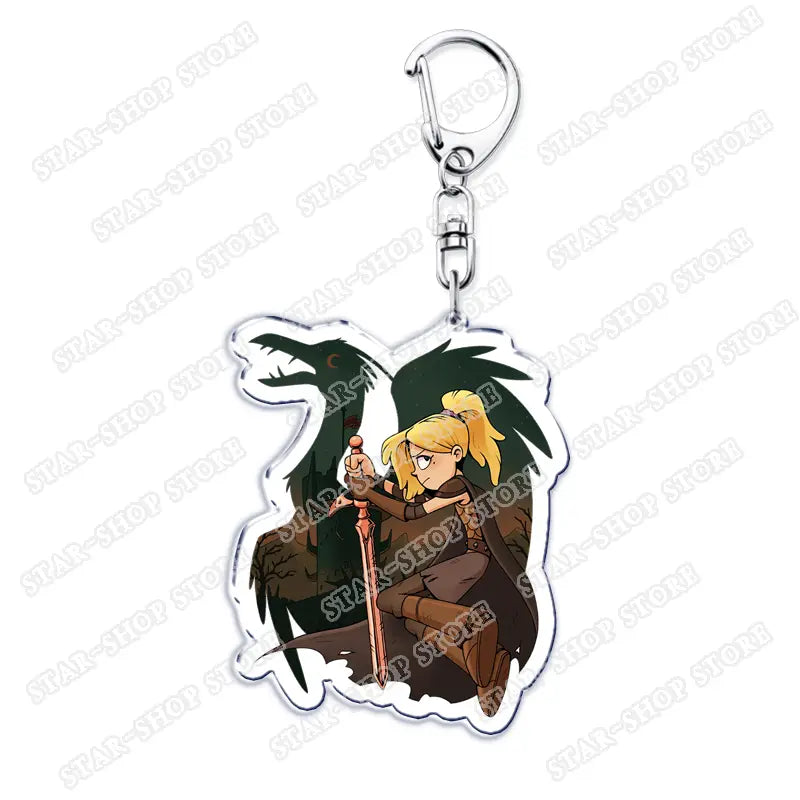 Clear acrylic Amphibia anime keychain featuring a blonde anime-style character with a dark bird, attached to a silver metal clasp.