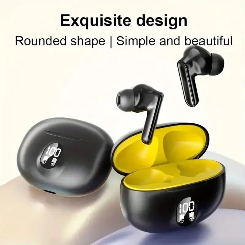 black wireless bluetooth earbuds with a sleek rounded design and a vibrant yellow interior charging case for sport use with led display features