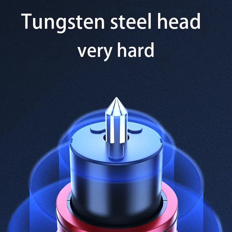 Cabeza de broca de acero de tungsteno de diseño elegante y multicolor, con punta afilada y anillos concéntricos de azul, negro y rojo, para martillo de emergencia de automóvil y rompecristales con cortador de cinturón de seguridad.
