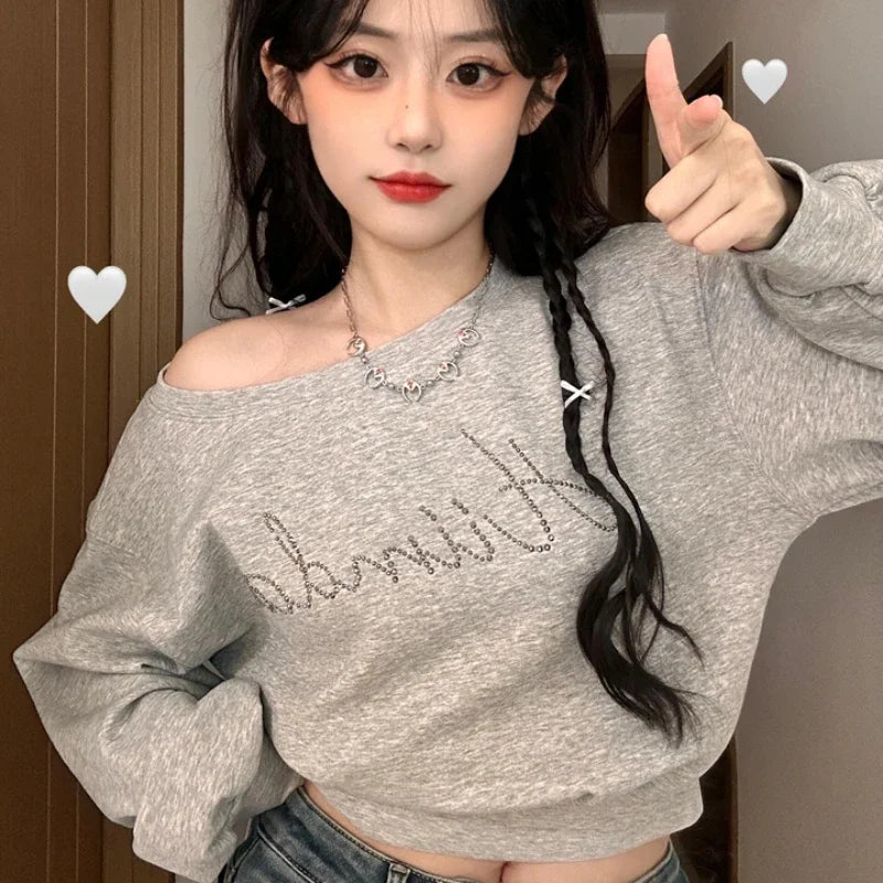 Women Hoodies Autumn Streetwear Off Shoulder Seductive Cropped All-match Sweatshirts Baggy Fashion Print Design Aesthetic Casual