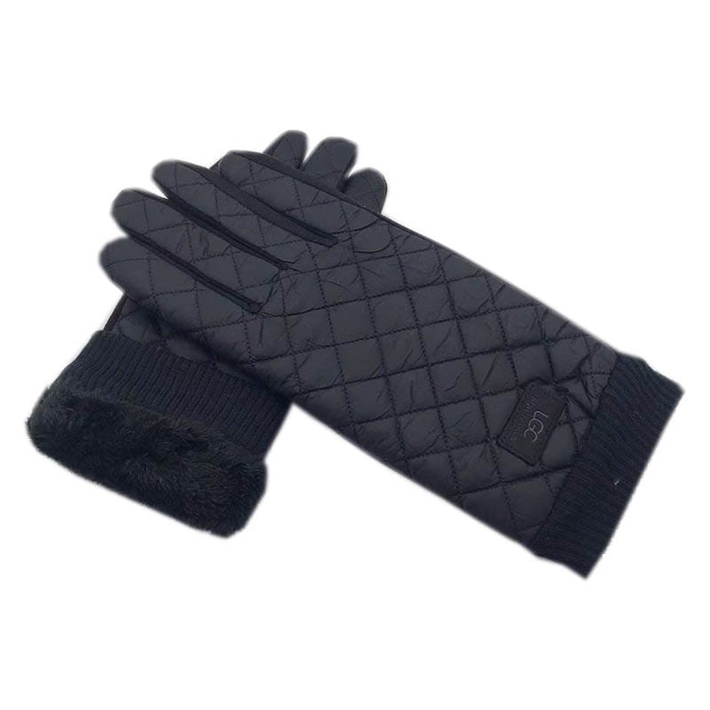 Gants d’hiver pour femmes en écran tactile thermiques matelassés noirs, avec poignets doublés de polaire et petite étiquette de marque, présentés du côté arrière