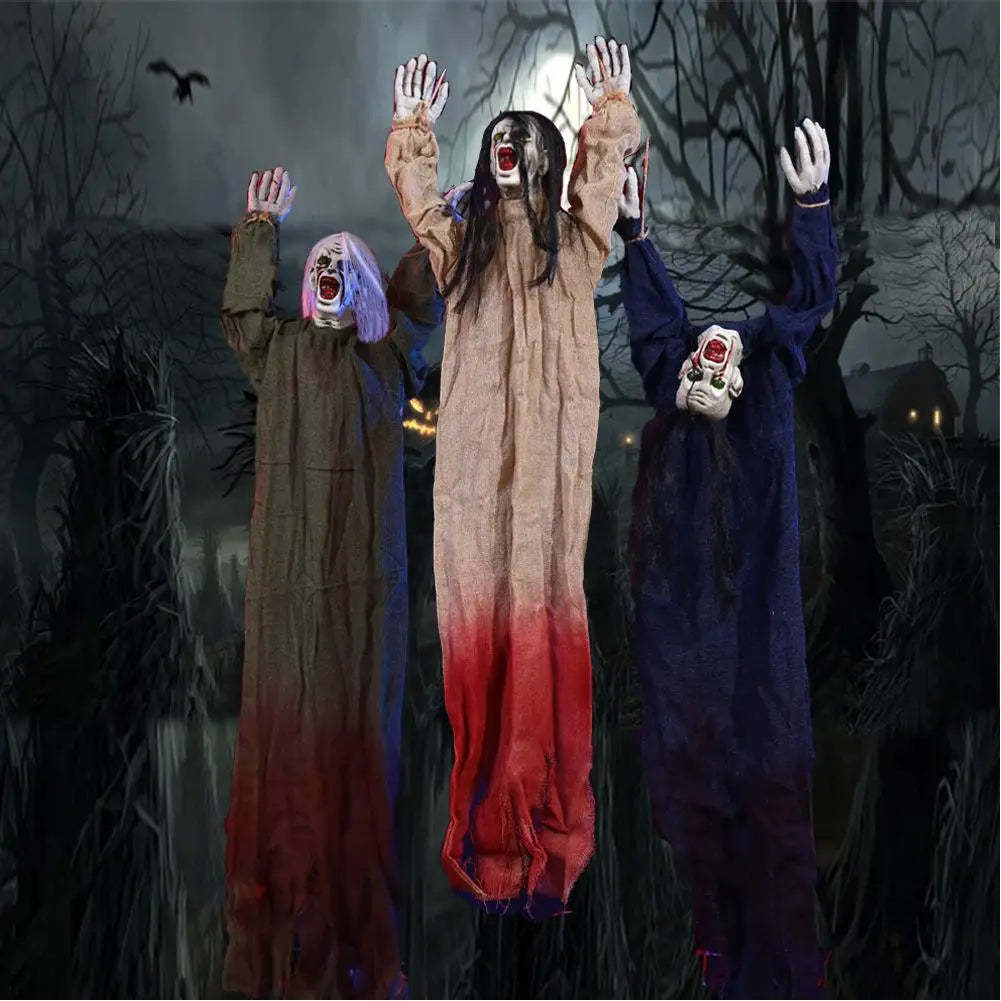 three hanging halloween scarecrow decorations featuring distinct eerie designs in faded greenish-brown with purple hair, beige-to-red gradient fabric with long black hair, and dark blue with white face paint as creepy halloween decorations hanging props.