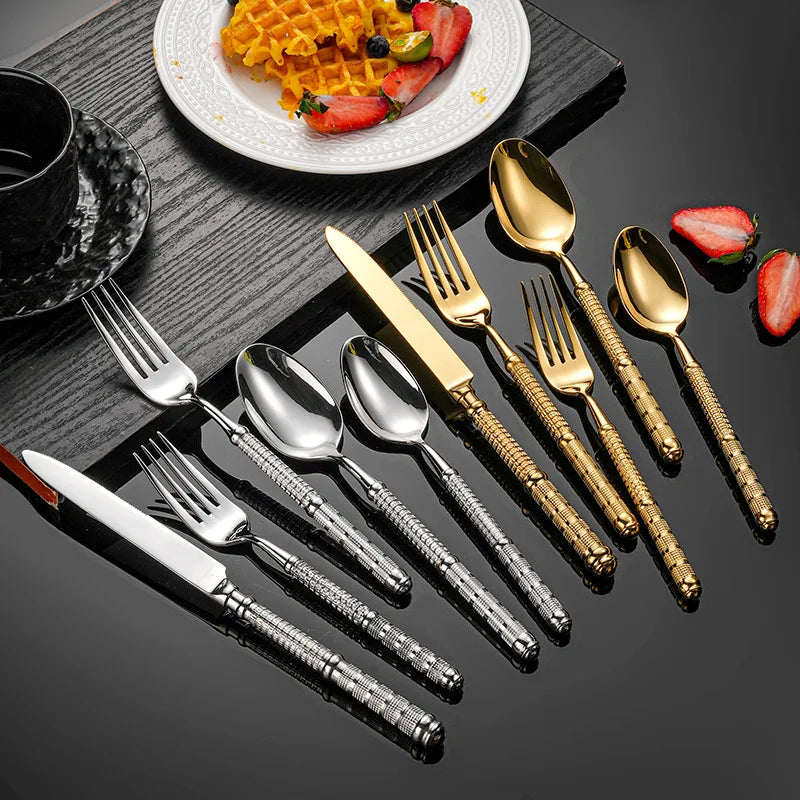 5/Pcs Gold Cutlery Set 304 Stainless Steel Tableware Silver Dinner Retro Embossed Handle Kitchen Dinnerware Cutlery Utensils