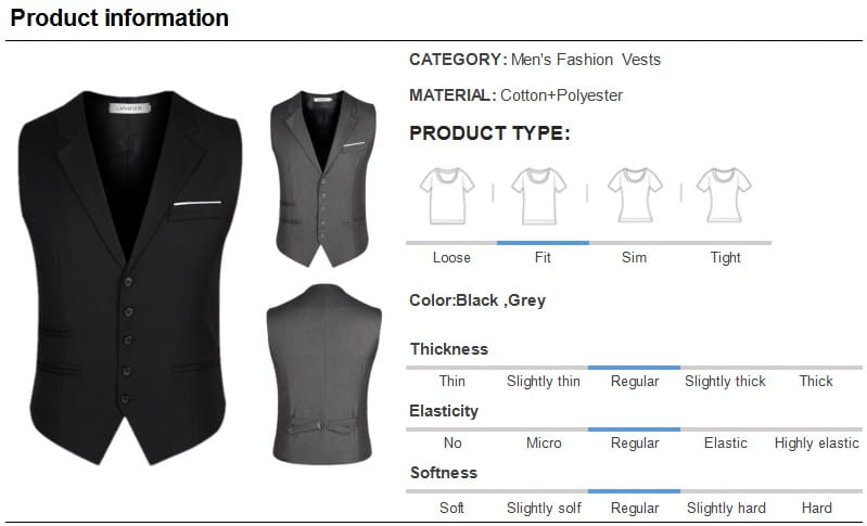 Men slim fit suit vest in black made of cotton and polyester featuring a classic button-front design with a single-breasted silhouette for formal business wear.