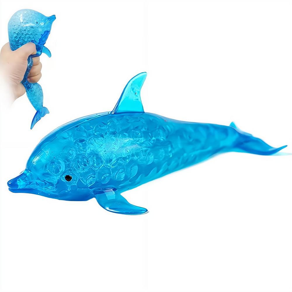 un jouet de soulagement du stress en forme de dauphin requin bleu translucide, fabriqué en matière texturée semblable à des bulles, conçu comme un jouet d’attention sensorielle avec des spécifications produit détaillées