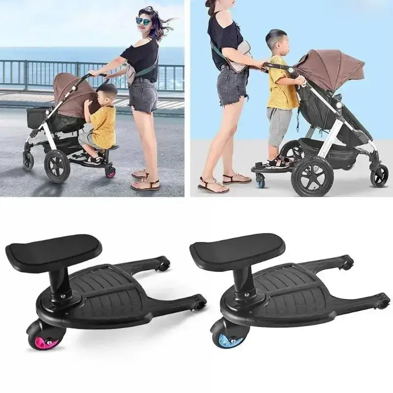 schwarzes Kunststoff-Fahrbrett am Kinderwagen mit abnehmbarem Sitz und Plattform; mit strukturierter Griffoberfläche und farbigen Raddetails, dargestellt von der Rückseite