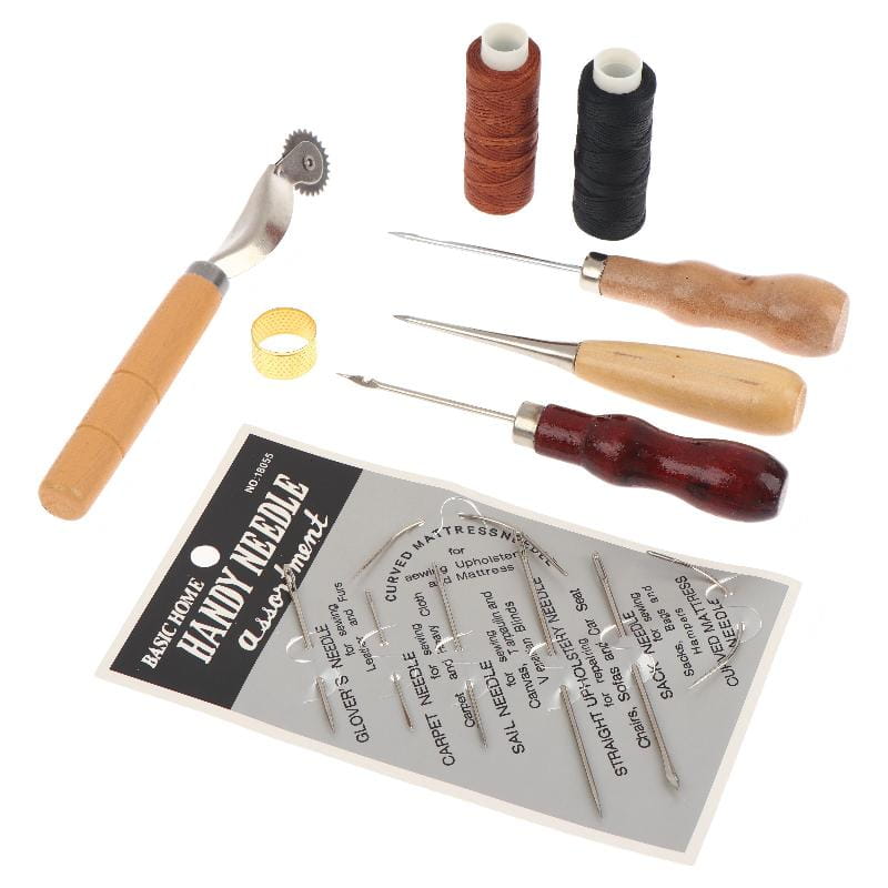 Leather sewing tools kit for DIY craft and repair featuring a basic home handy needle assortment with various needles, thread spools, and tools for sewing upholstery and mattresses.