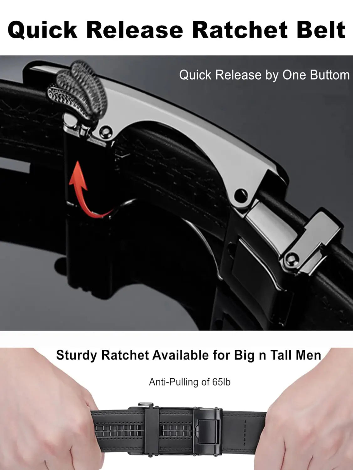 Oyifan ratchet leather belt for men in black with a quick-release mechanism and a sturdy metallic buckle designed for big and tall men.