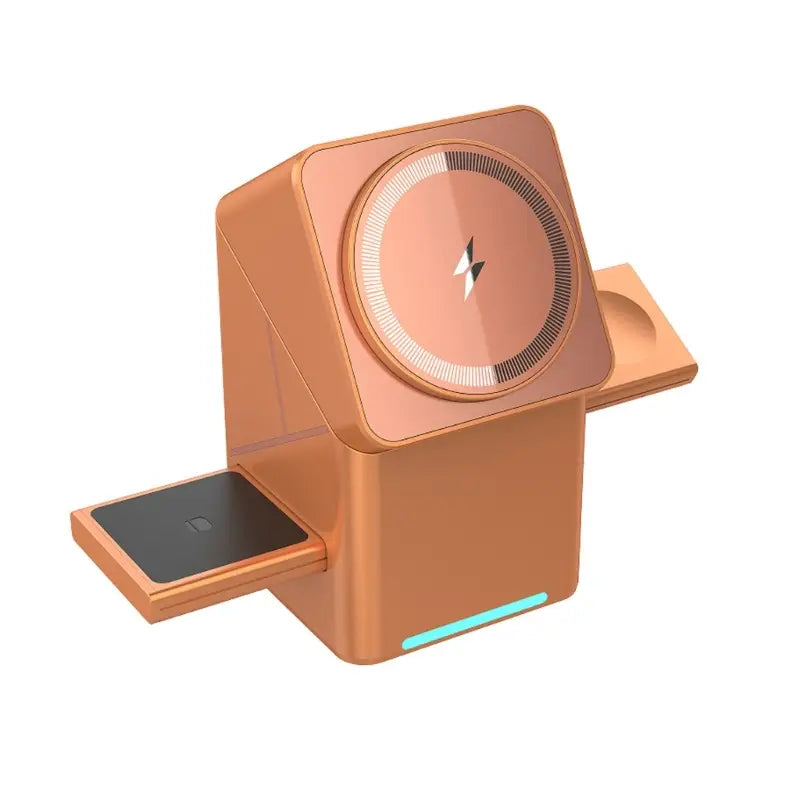 Ladestation für drahtloses Laden mit 15 W aus Roségold, drehbar, mit zwei Steckplätzen und einer blau leuchtenden Anzeige für Smartphones.